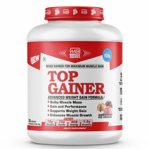 MB Muscle Builder’s Top Gainer with 12g protein, 72g carbs, 1.5g creatine, 408kcal per serving | mass gainer for maximum muscle gain (3kg, 30 Servings)