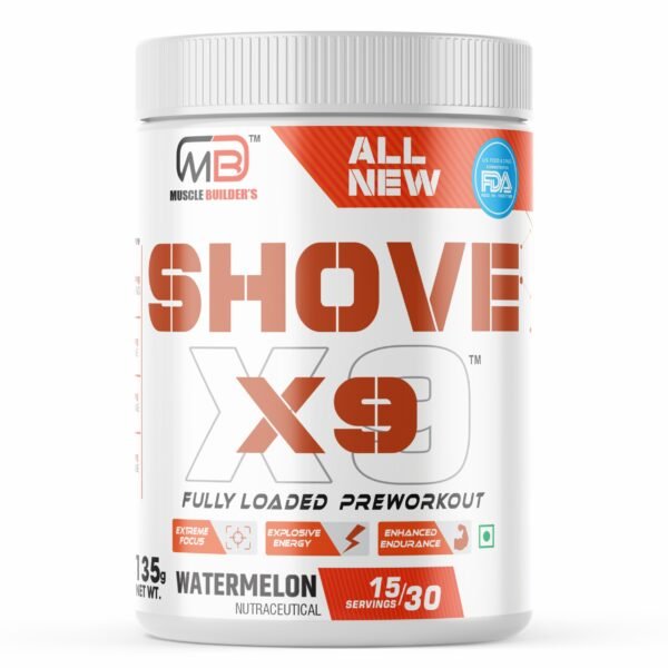 MB MUSCLE BUILDER’S Shove X9 Preworkout – Boost Energy, Increase Endurance and Focus, Beta-Alanine, 250mg Caffeine, Citrulline Malate, L-Arginine for Athletic Performance & Muscle Pumps [15-30 Servings] – 135g