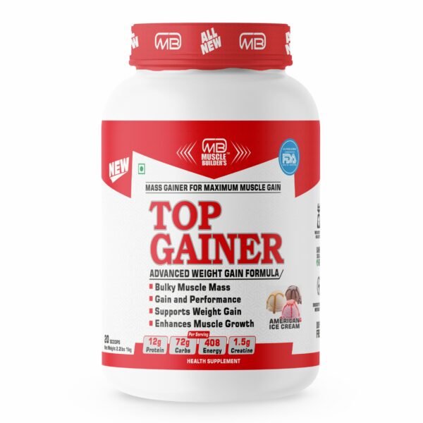 MB Muscle Builder’s Top Gainer with 12g protein, 72g carbs, 1.5g creatine, 408kcal per serving | mass gainer for maximum muscle gain [1kg, 20 Scoops]