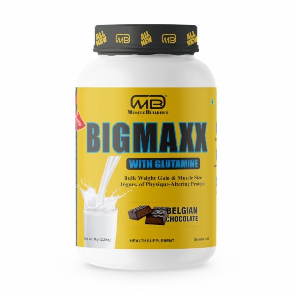 MB Muscle Builder’s BigMaxx for Bulk Weight Top Gainer & Muscle Size with 16g protein, 167g carbs, 500mg Glutamine, 760kcal per serving (Belgian Chocolate)