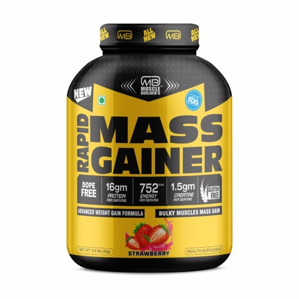 MB Muscle Builder’s Rapid Mass Gainer Advanced weight gain formula for Lean Muscle Mass Gain & Muscle Size with 16g protein, 163g carbs, 1.5g Creatine, 752kcal per serving [3kg, 60 Scoops]