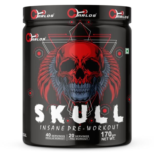 Skull Insane Pre Workout with L-Arginine, L-Citrulline, Creatine, Beta Alanine & Natural Caffeine for Explosive Muscle Pump, Lean Muscles Building, Strength, Focus & Energy – For Men & Women [20-40 Servings, 170g]